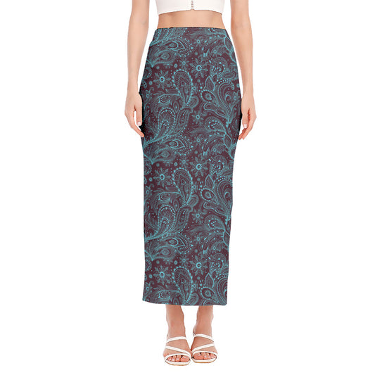 Turquoise Paisley Pattern Print Side Slit Maxi Skirt