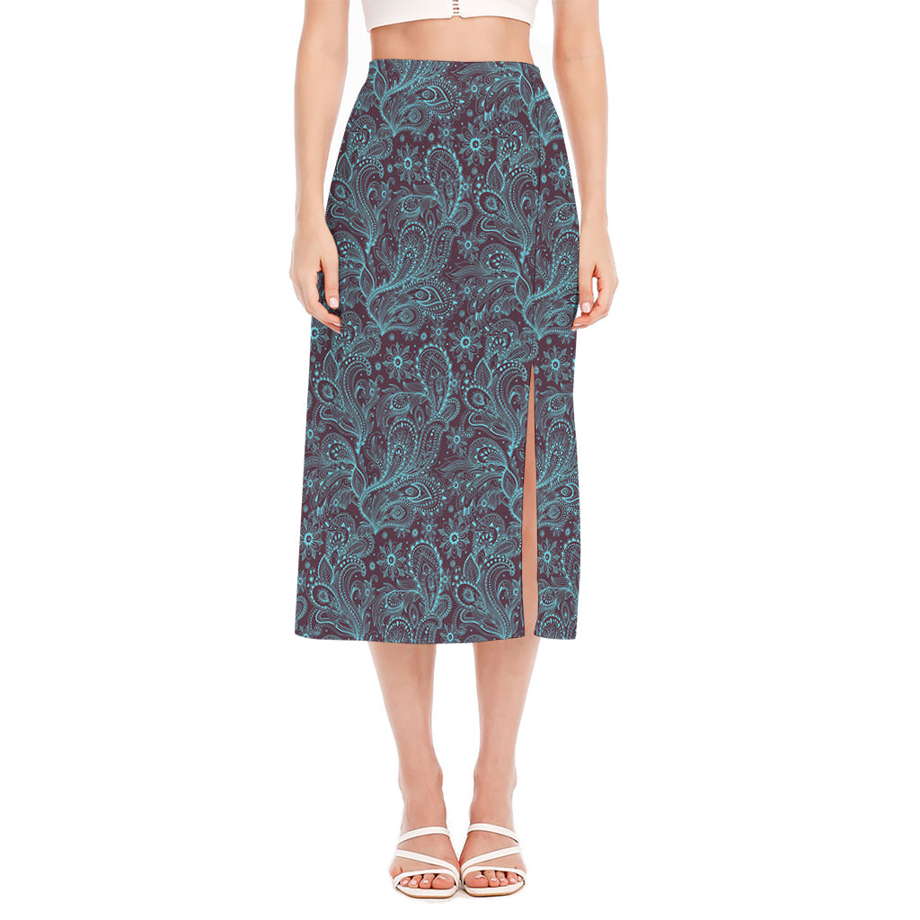 Turquoise Paisley Pattern Print Side Slit Midi Skirt