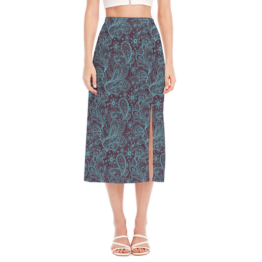 Turquoise Paisley Pattern Print Side Slit Midi Skirt