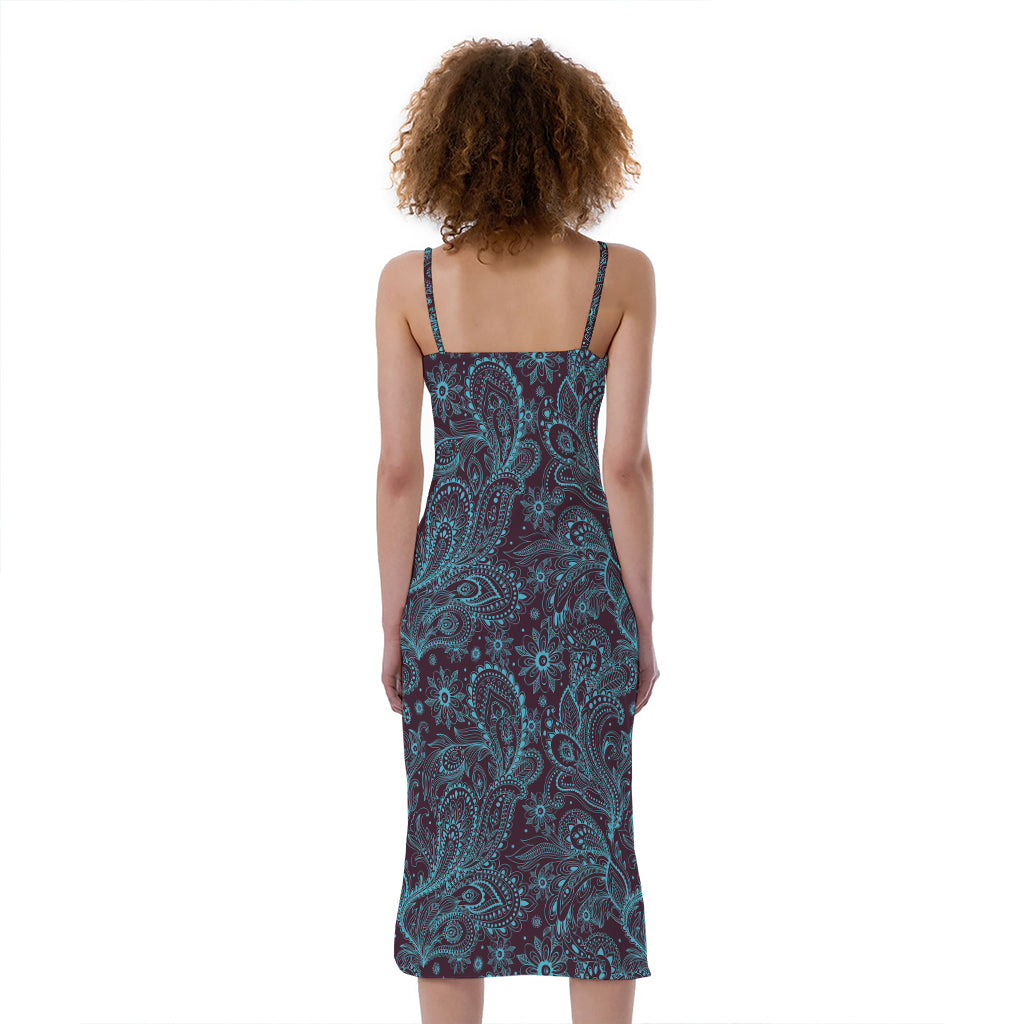 Turquoise Paisley Pattern Print Slim Fit Midi Cami Dress