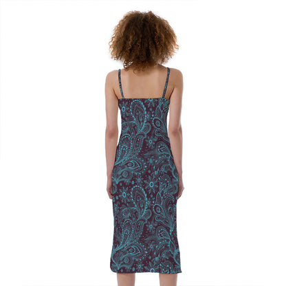 Turquoise Paisley Pattern Print Slim Fit Midi Cami Dress