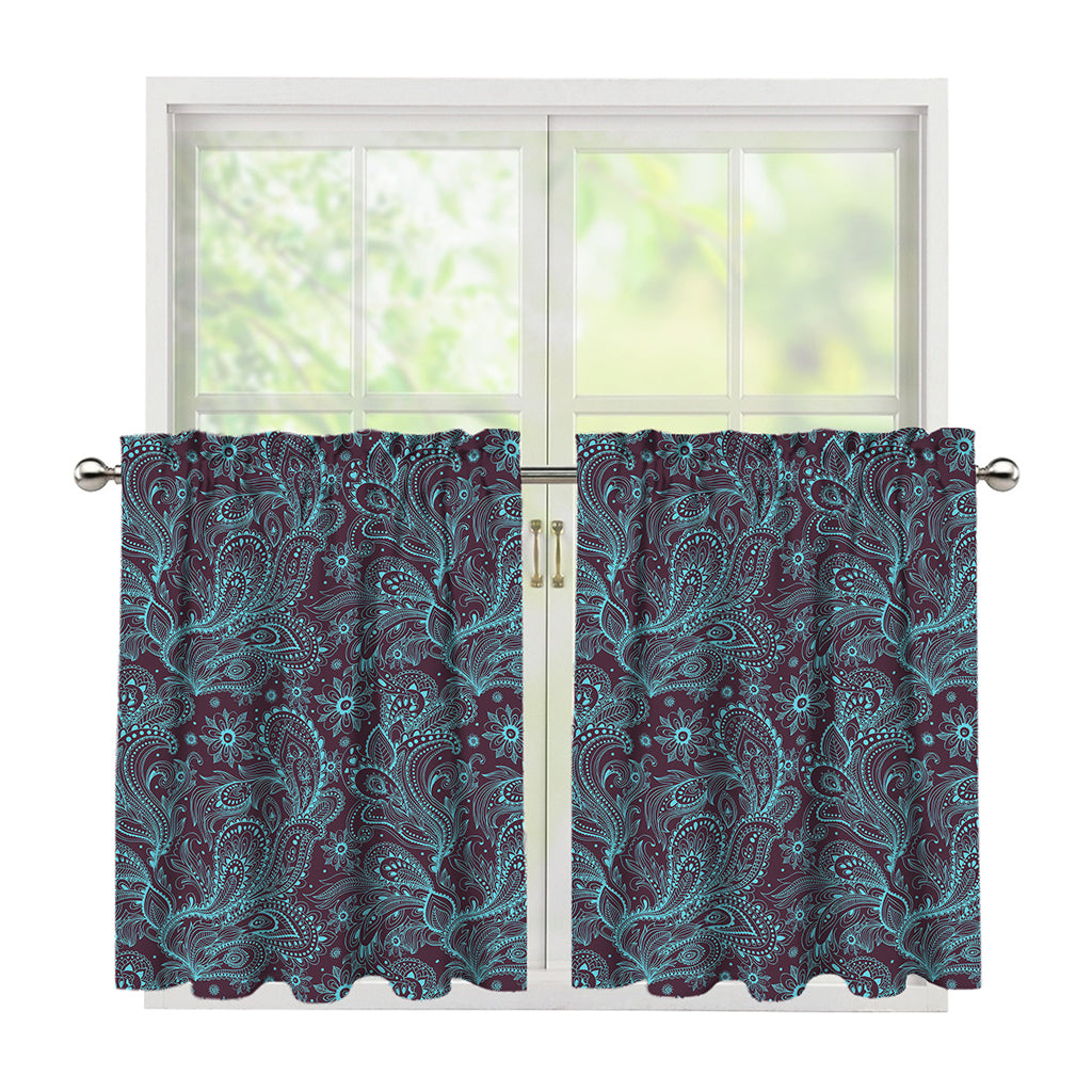 Turquoise Paisley Pattern Print Tier Curtains