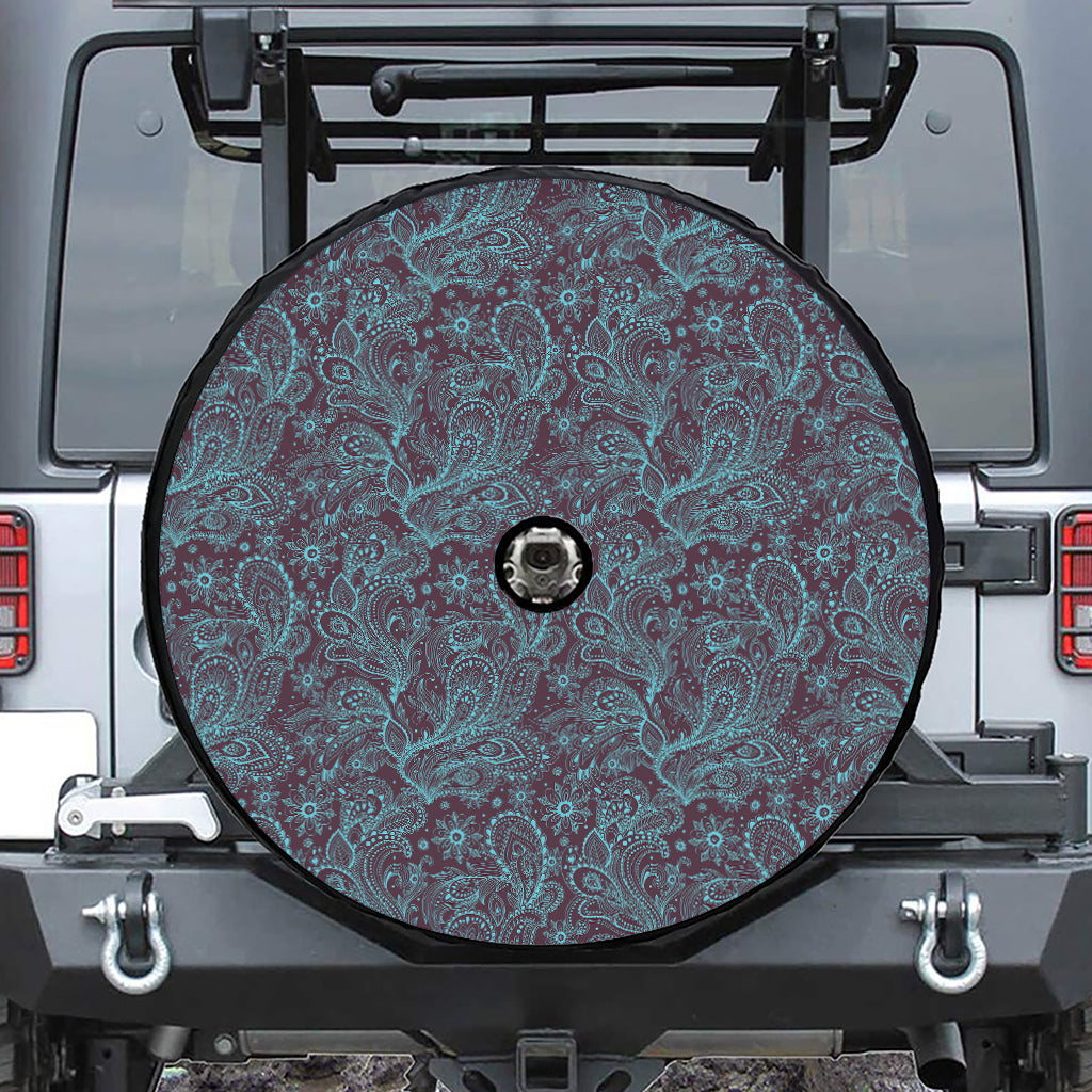 Turquoise Paisley Pattern Print Tire Cover With Camera Hole