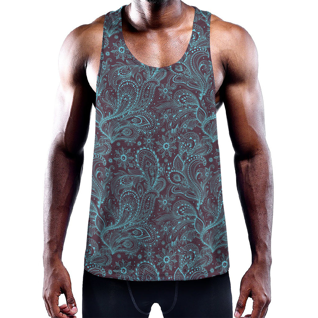 Turquoise Paisley Pattern Print Training Tank Top