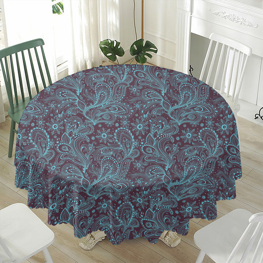 Turquoise Paisley Pattern Print Waterproof Round Tablecloth