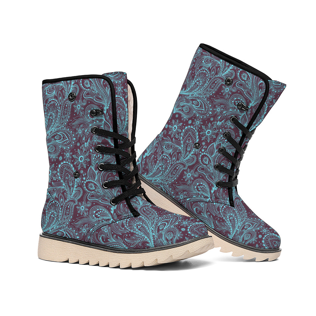 Turquoise Paisley Pattern Print Winter Boots