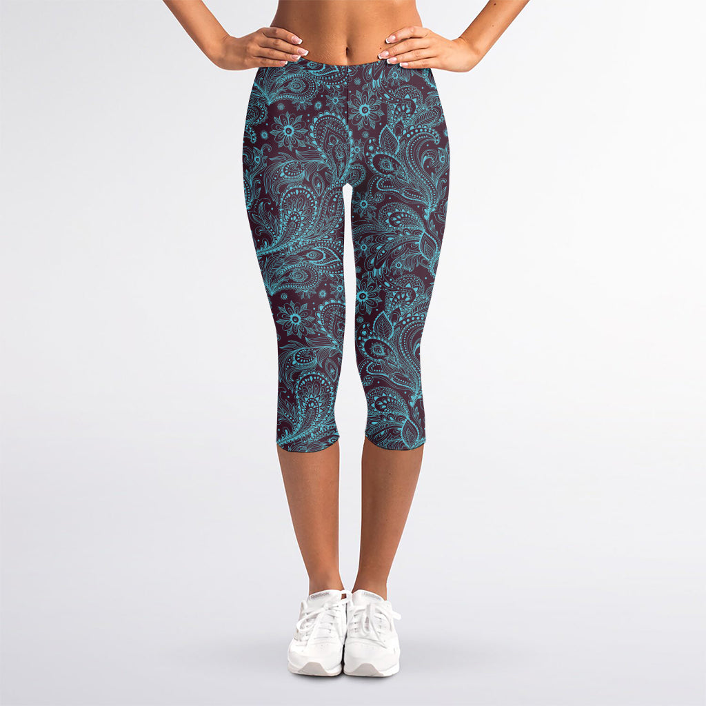 Turquoise Paisley Pattern Print Women's Capri Leggings