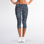 Turquoise Paisley Pattern Print Women's Capri Leggings