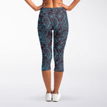 Turquoise Paisley Pattern Print Women's Capri Leggings