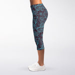 Turquoise Paisley Pattern Print Women's Capri Leggings