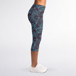 Turquoise Paisley Pattern Print Women's Capri Leggings