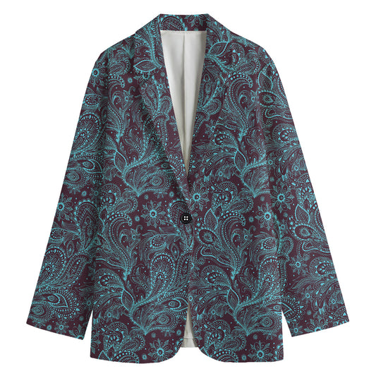 Turquoise Paisley Pattern Print Women's Cotton Blazer