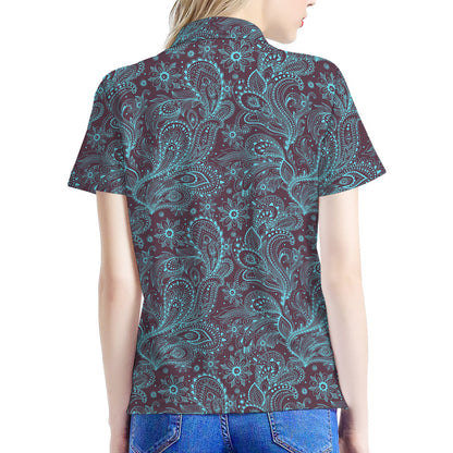Turquoise Paisley Pattern Print Women's Polo Shirt