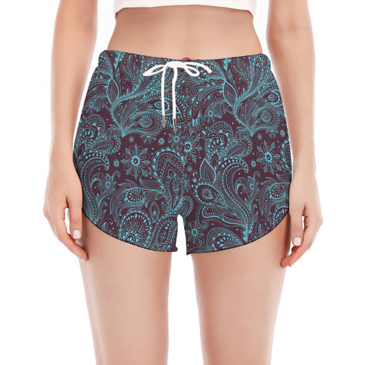 Turquoise Paisley Pattern Print Women's Split Running Shorts