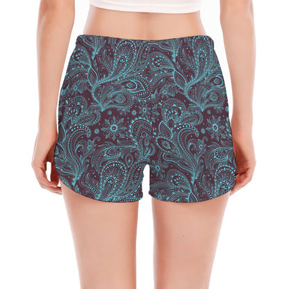 Turquoise Paisley Pattern Print Women's Split Running Shorts