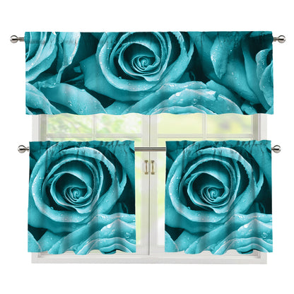 Turquoise Rose Flower Print 3 Piece Kitchen Curtains