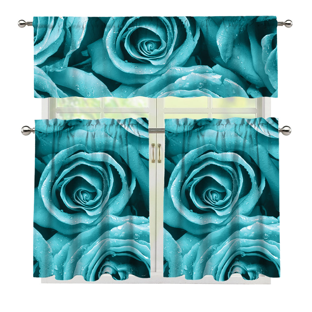 Turquoise Rose Flower Print 3 Piece Kitchen Curtains