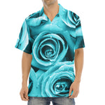Turquoise Rose Flower Print Aloha Shirt