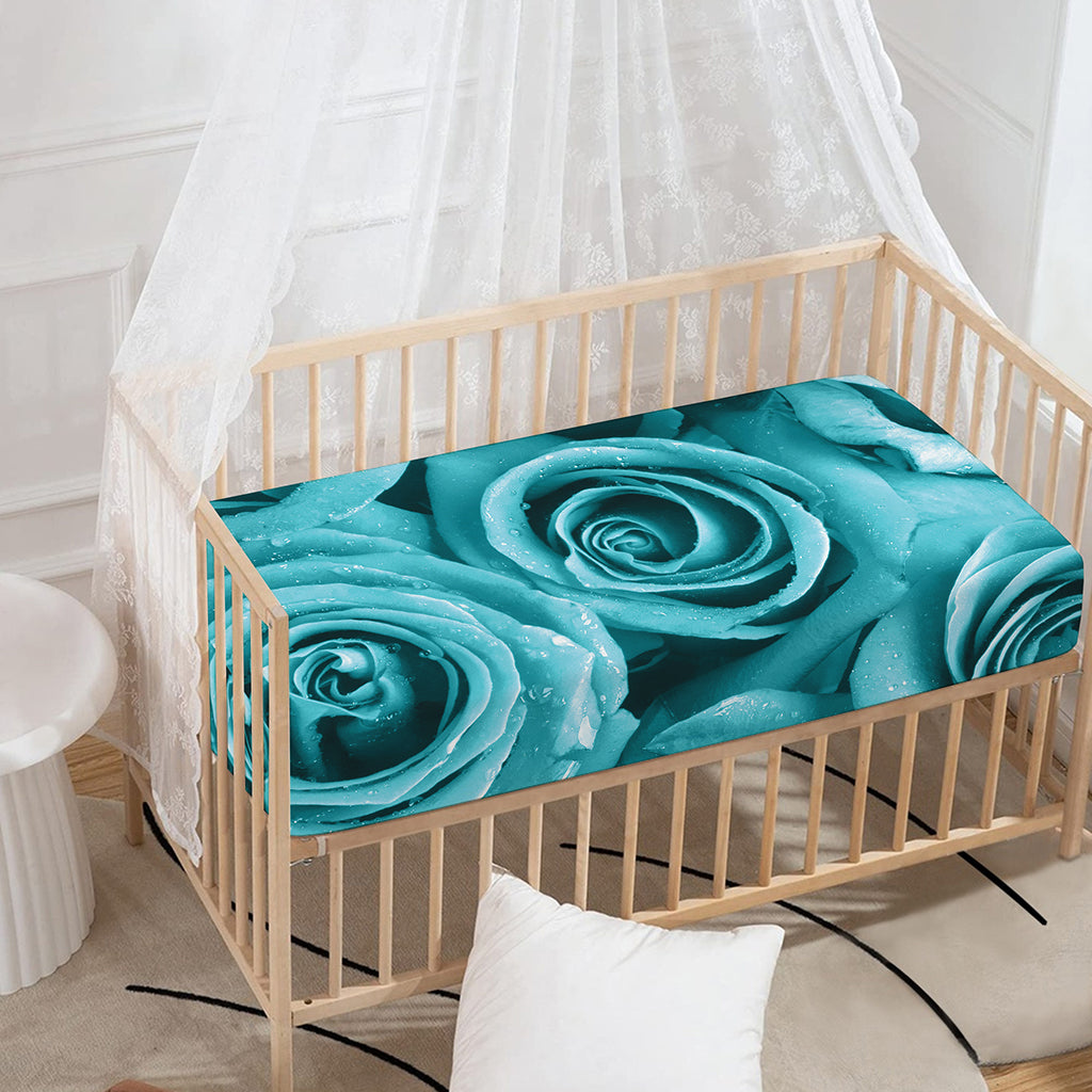 Turquoise Rose Flower Print Baby Crib Sheet