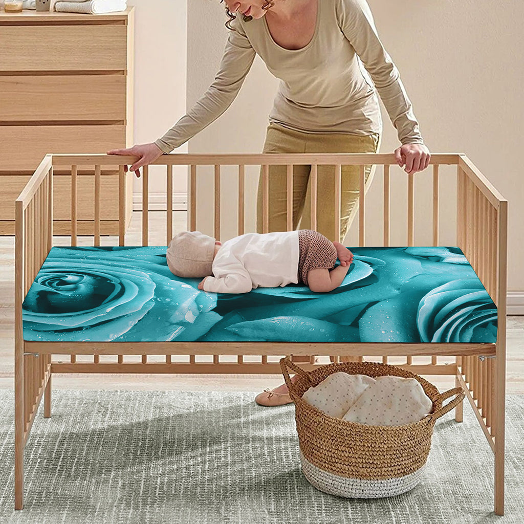 Turquoise Rose Flower Print Baby Crib Sheet