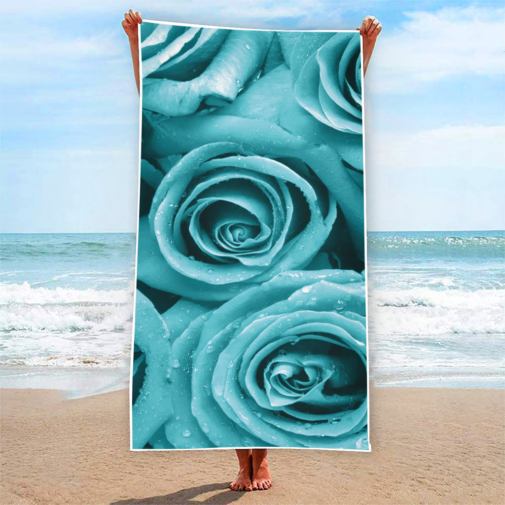 Turquoise Rose Flower Print Beach Towel