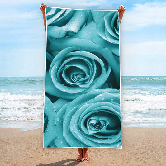 Turquoise Rose Flower Print Beach Towel