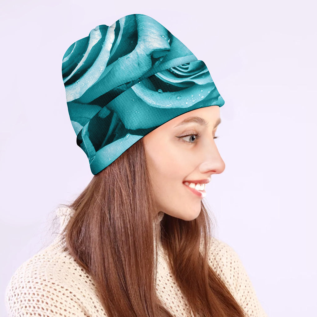 Turquoise Rose Flower Print Beanie