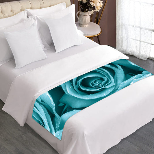 Turquoise Rose Flower Print Bed Runner