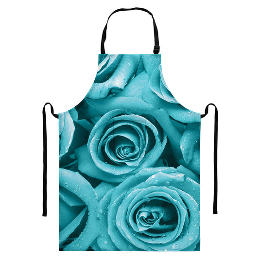 Turquoise Rose Flower Print Bib Apron With Pocket