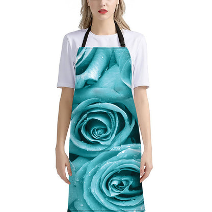 Turquoise Rose Flower Print Bib Apron With Pocket