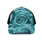 Turquoise Rose Flower Print Black Mesh Trucker Cap