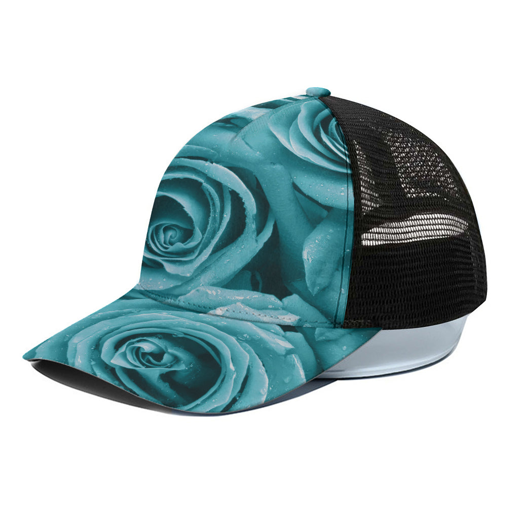 Turquoise Rose Flower Print Black Mesh Trucker Cap