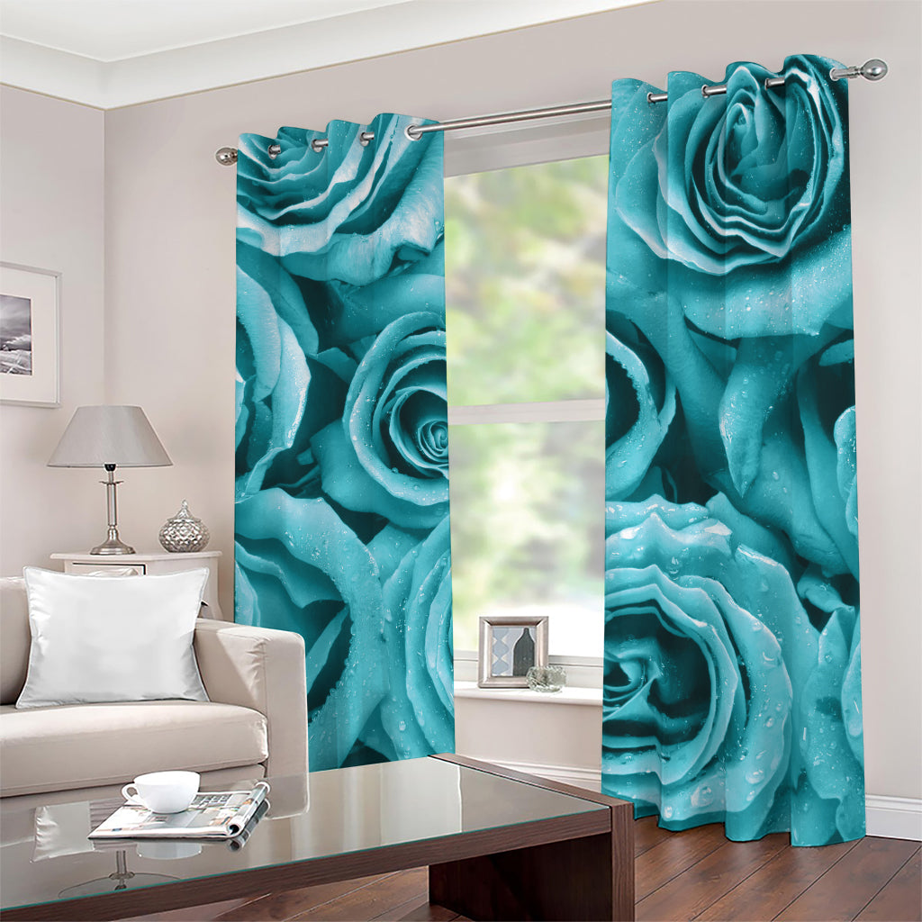 Turquoise Rose Flower Print Blackout Grommet Curtains
