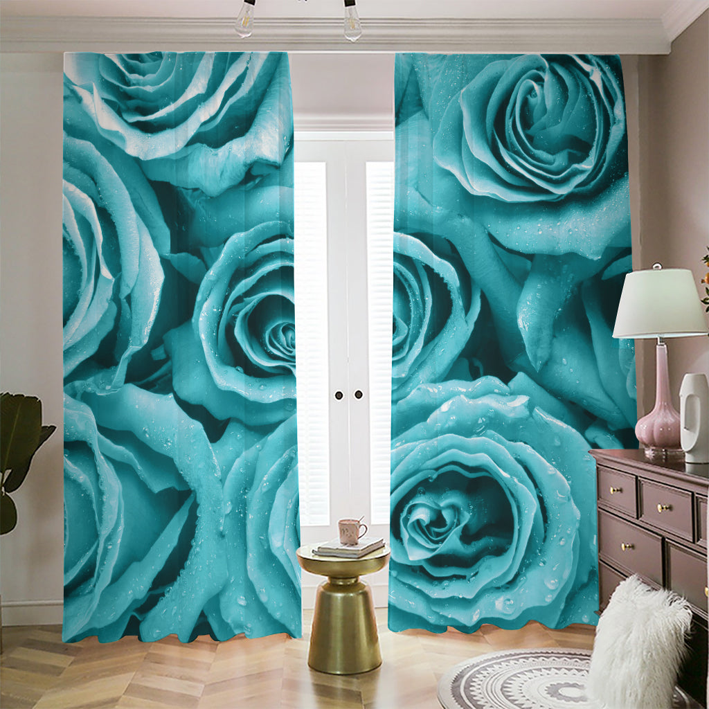 Turquoise Rose Flower Print Blackout Pencil Pleat Curtains