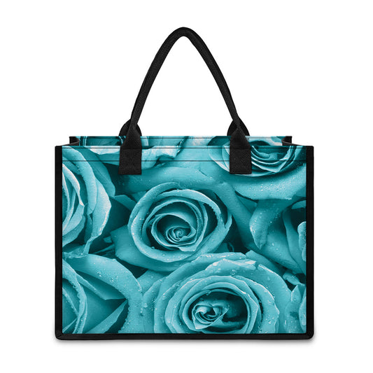 Turquoise Rose Flower Print Canvas Tote Bag