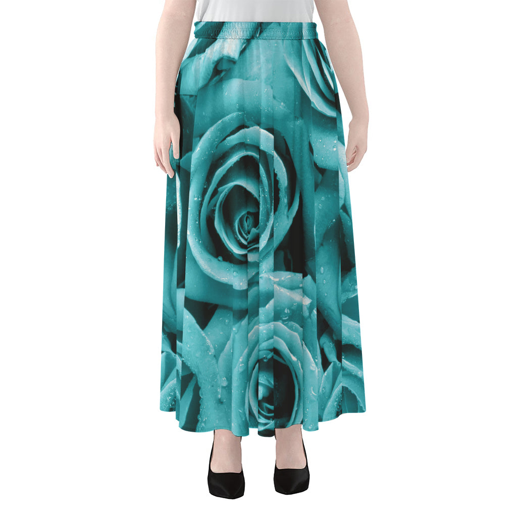 Turquoise Rose Flower Print Chiffon Maxi Skirt