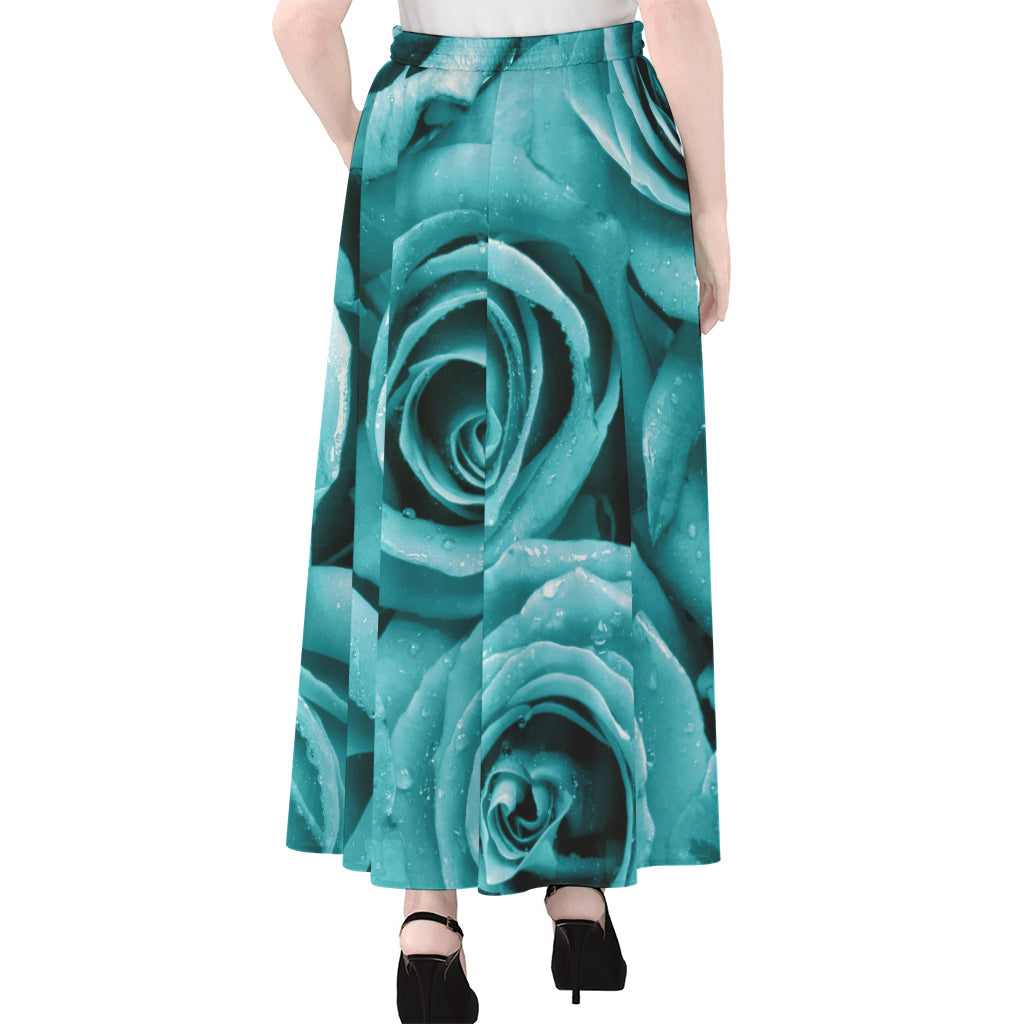 Turquoise Rose Flower Print Chiffon Maxi Skirt