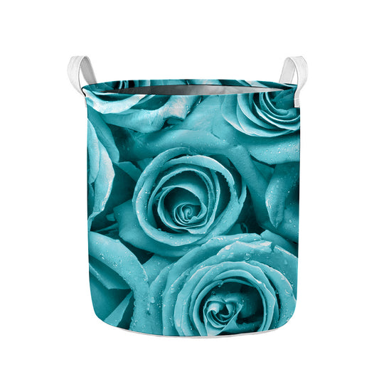 Turquoise Rose Flower Print Collapsible Laundry Basket