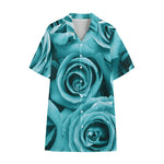 Turquoise Rose Flower Print Cotton Hawaiian Shirt