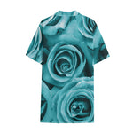 Turquoise Rose Flower Print Cotton Hawaiian Shirt