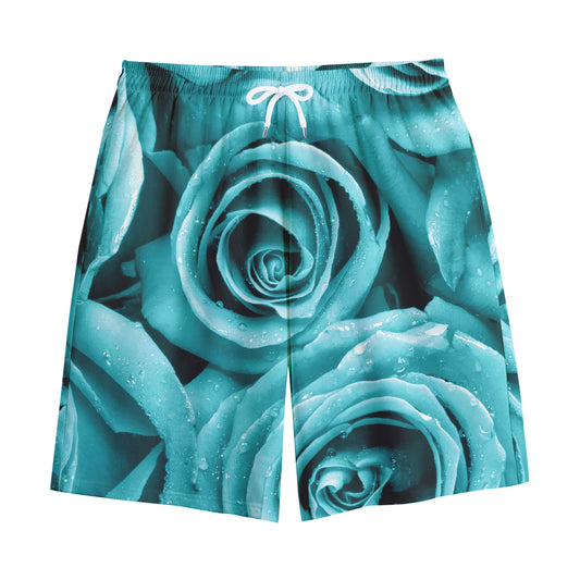 Turquoise Rose Flower Print Cotton Shorts