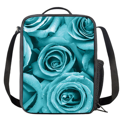 Turquoise Rose Flower Print Crossbody Lunch Bag