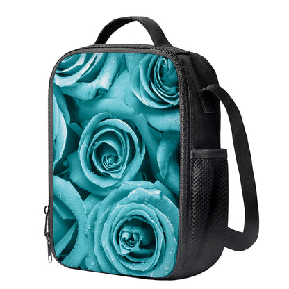 Turquoise Rose Flower Print Crossbody Lunch Bag