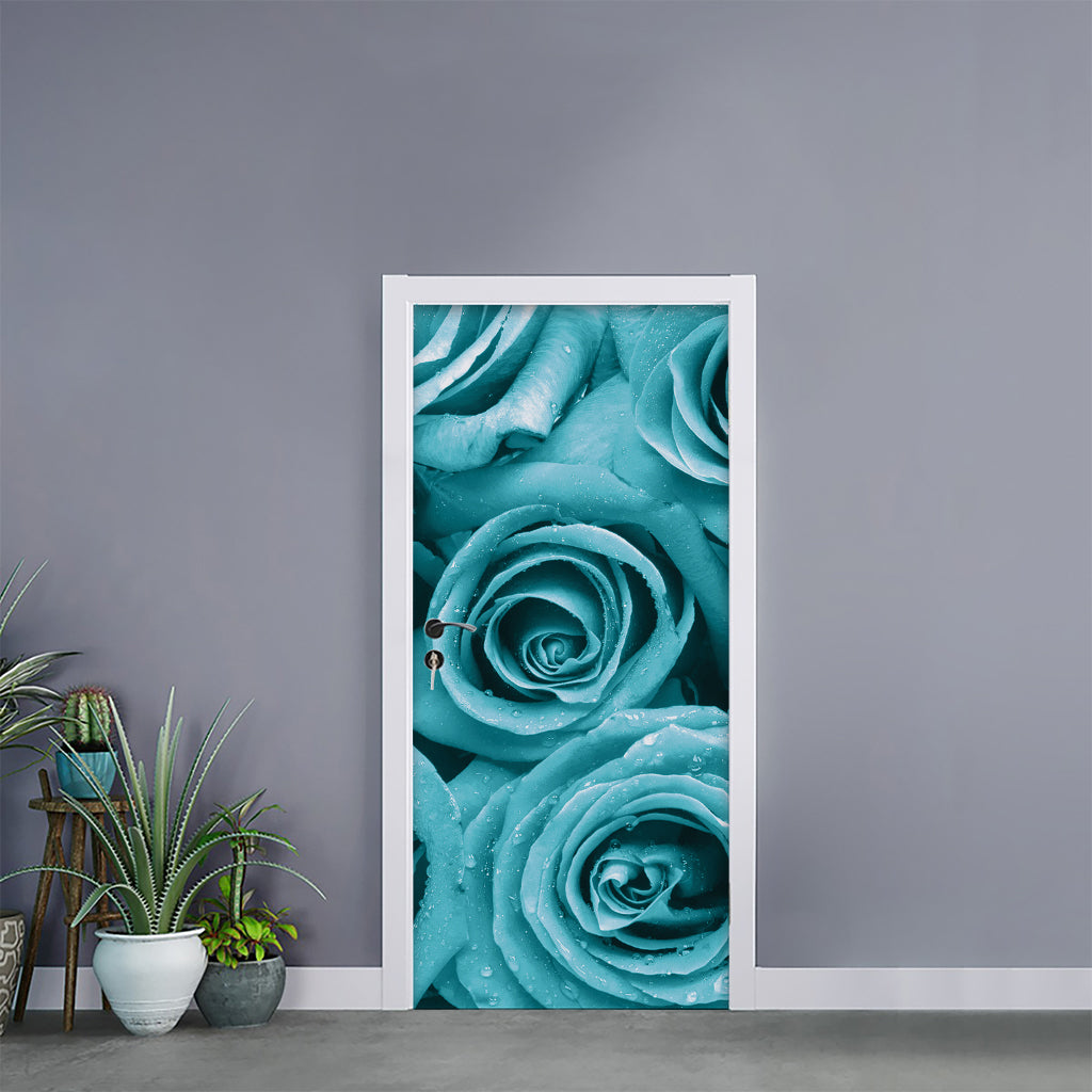 Turquoise Rose Flower Print Door Sticker