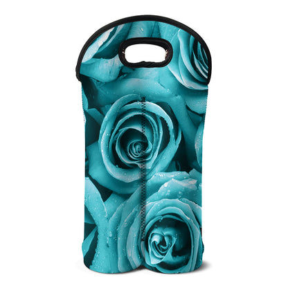 Turquoise Rose Flower Print Double Neoprene Wine Tote
