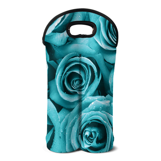 Turquoise Rose Flower Print Double Neoprene Wine Tote