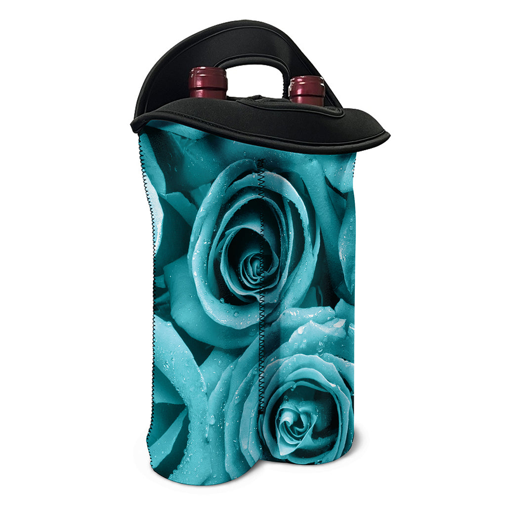 Turquoise Rose Flower Print Double Neoprene Wine Tote