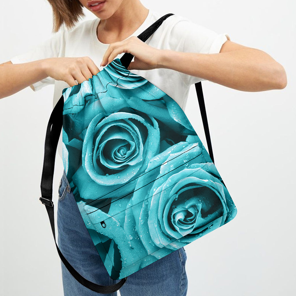 Turquoise Rose Flower Print Drawstring Backpack