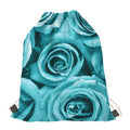 Turquoise Rose Flower Print Drawstring Bag