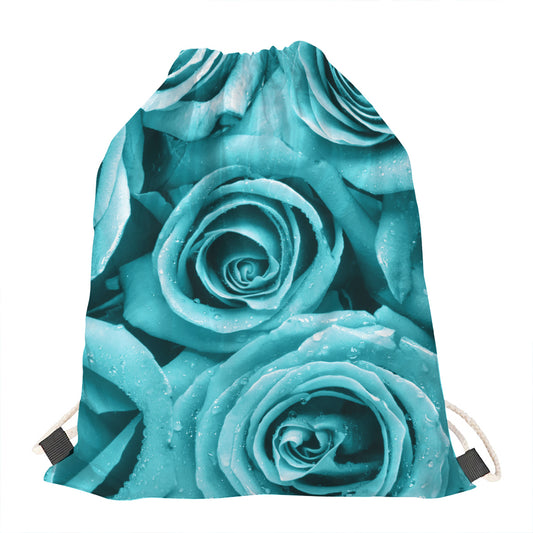 Turquoise Rose Flower Print Drawstring Bag